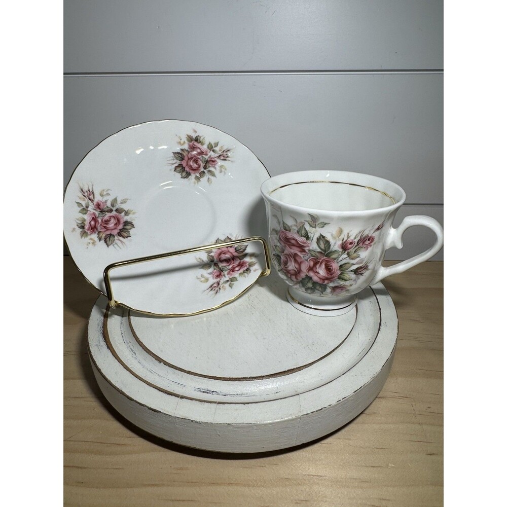 VTG Hitkari Bone China Floral Rose Gold Trim Tea Cup Saucer- Bridgerton Style